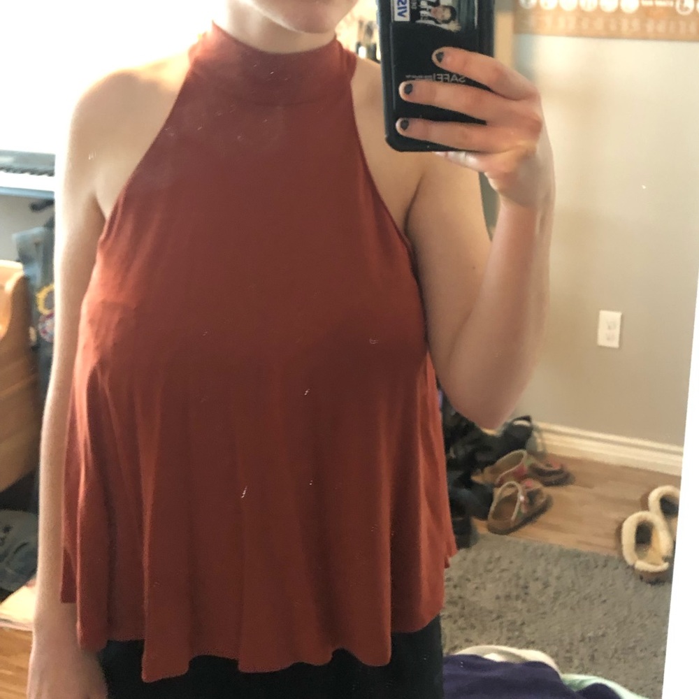 burnt orange high neck tank top with keyhole back